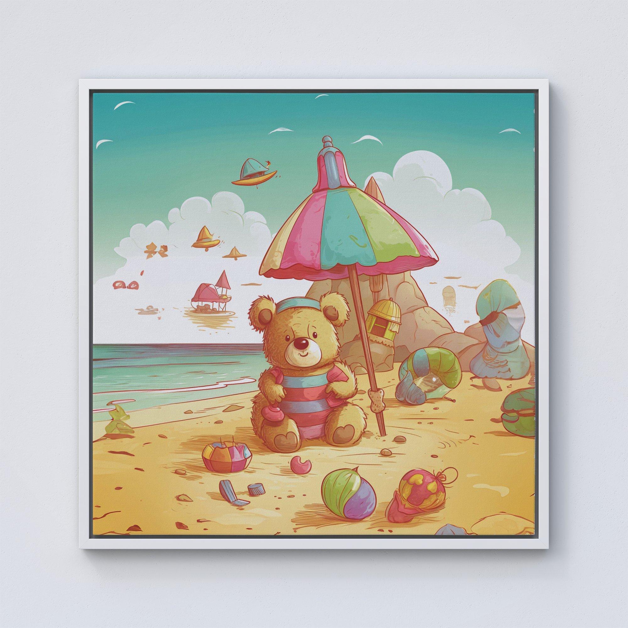 Teddy Bead On A Beach Holiday Framed Canvas
